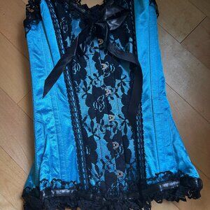Turquoise Overbust Corset with Floral and Bow Detail